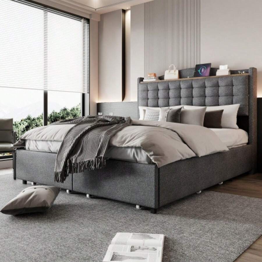 Polsterbett 140*200 Cm, Nachttisch Mit USB-Ladeanschluss Und Ablage, Doppelflachbett Mit 4 Schubladen, Leinenstoff Grau - Grey - View 1