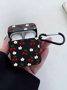 Vintage Red Cherry & White Floral Pattern Black Square Matte Apple Bluetooth Earphone Protective Case, Comes With 1 Black Carabiner For Easy Carrying, Precise Cutouts For Charging And Access, Suitable For Commuting, Campus And As A Small Gift For Girlfriend/Best Friend - Black - View 4