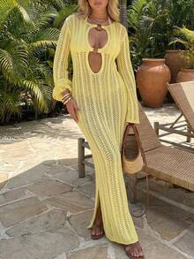 Vestido largo de ganchillo amarillo limón | Cubrecuerpo de manga larga con recortes para la playa y vacaciones de verano - Amarillo - Ver 2