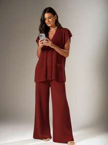 Women's Premium Knit 2-Piece Set With Front Buttons - Modern And Elegant - 紅木色 - 查看 1