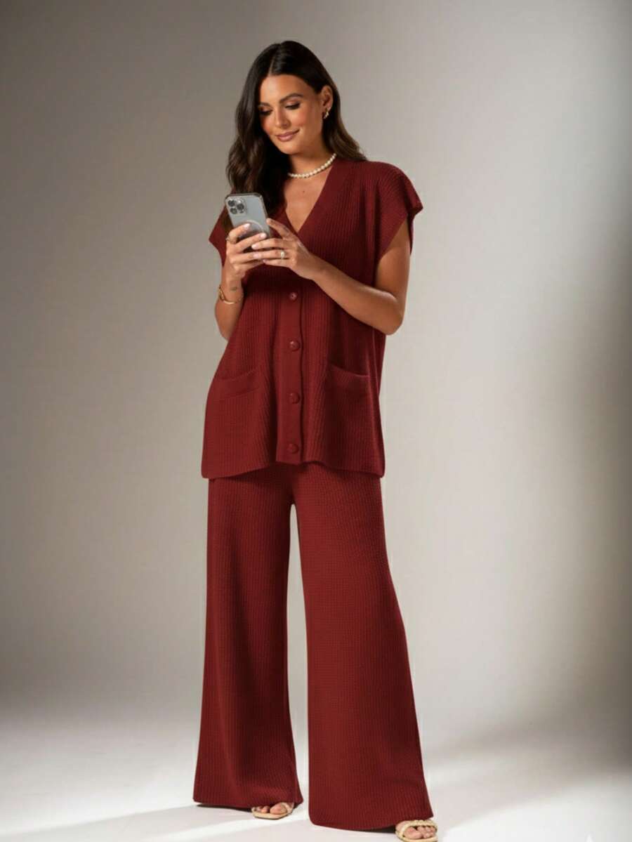 Women's Premium Knit 2-Piece Set With Front Buttons - Modern And Elegant - 紅木色 - 查看 1