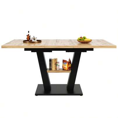 Telescopic Dining Table (118-157*70*75cm), Extendable Table, Kitchen Table, Extends From 118 To 157 Cm Thanks To Internal Extensions, For Kitchen And Living Room, Wood-Colored Dining Table