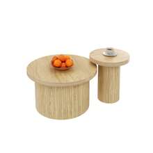 Coffee Table, Double Round Table, Side Table With Natural Wood Slats. Multifunctional Living Room Table - Natural - View 2