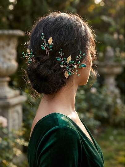 3/6 st hårgaffel i skogsstil med gröna ädelstenar och metallblad, retro elegant handgjord huvudbonad för kvinnor