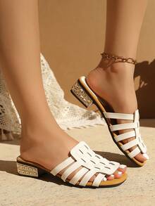 Women's Vibrant Orange Woven Cage Slide Sandals, Criss-Cross Woven Hollow Out, Rhinestone Embellished Block Heel Low Heel Flat, Boho Chic Festival Glam, Suitable For Valentine's Day, Summer Holiday, Beach Party, Date Night - White - View 4