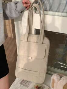 15.6英寸竖款笔记本电脑包，休闲单肩包，可折叠拉链封口，适合日常使用、通勤、高中生、大学生，多功能绗缝前袋，大容量米色布包 - 米色 - 查看 3