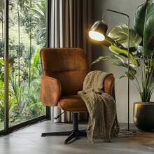 FurnitureR Silla Cruzada Silla Oficina Ergonómica con Respaldo Medio y Reposabrazos Sin Ruedas Asiento Ancho con Patas Cruzadas Tela Gamuza Vintage Altura Ajustable Giro 360° Marrón - marrón - Ver 4