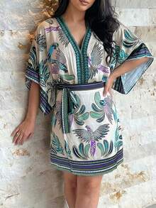 ChicMe Women's Plant Print 2 Pieces Set V Neck Batwing Sleeve Back Hollow Out Bodysuit And Elastic Waist Tie Wrap Skirt Casual Vacation Beach Daily Wear Summer - Multicolor - View 4