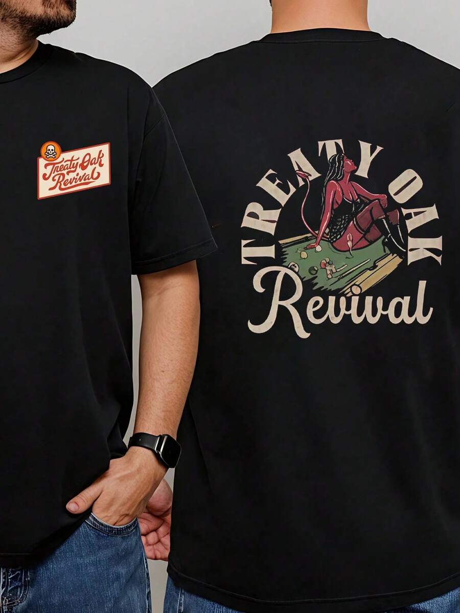 Entertainment "Treaty Oak Revival" Graphic T-Shirts Crafted From Breathable Cotton, Perfect For Infusing Nostalgic, Fun Vibes Into Outfits During Casual Gatherings, Music Events, Or Daily Wear, Men's Round Neck Printed Short Sleeve Casual Everyday Tees, They Are Excellent Gifts For Friends And Family, Feature A Youthful And Fashionable Design, Graphic T-Shirt Men, Back To School - 黑色 - 查看 1