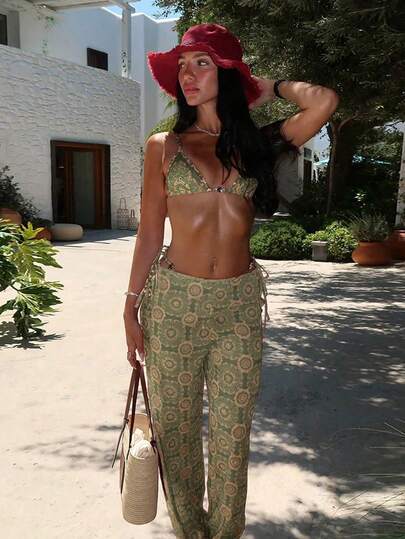 女士复古绿色碎花比基尼，系带设计，性感海边度假三件套泳衣，2026春夏款