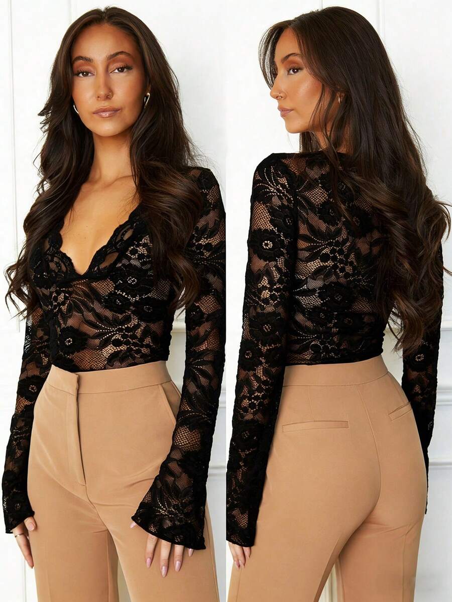 Women's Elegant Lace Undershirt, Sheer Black Lace Long Sleeve V-Neck Top, Contrast Lace Trim Undershirt, Autumn/Winter Lace Undershirt - Black - View 1