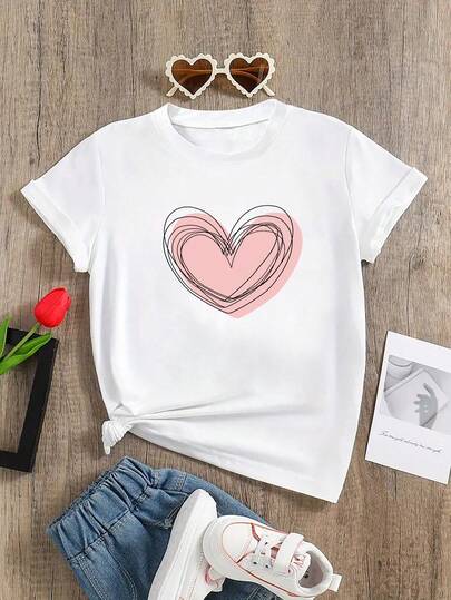 Girls' Casual Heart Print Round Neck Short Sleeve T-Shirt, Summer