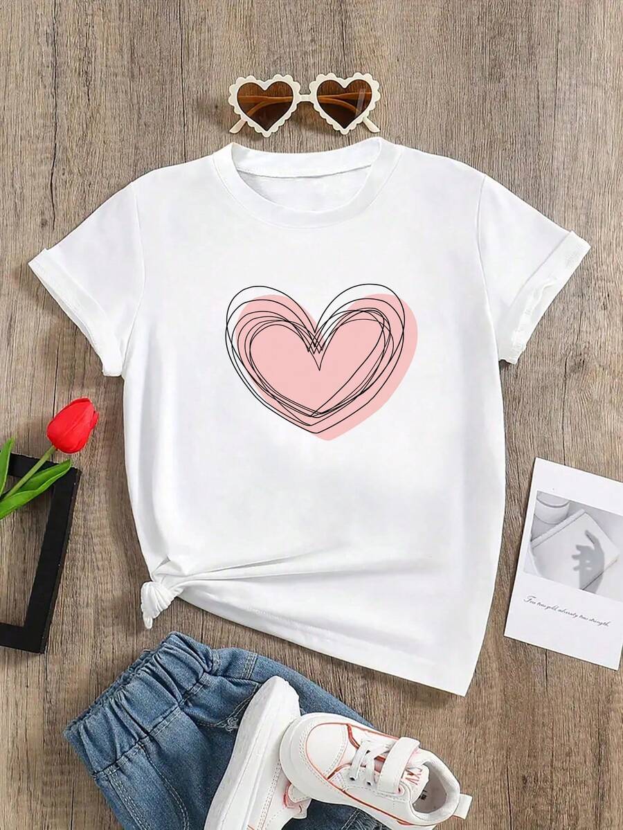 Girls' Casual Heart Print Round Neck Short Sleeve T-Shirt, Summer - White - View 1