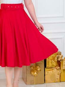 Midi Skirt With Belt, Flared, For Evangelical Women. - 紅色 - 查看 3
