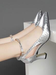 Giày sandal đế dày cho nữ, có quai, phần trên bằng lưới và trang trí đá lấp lánh, hở mũi. - Bạc - Xem 2
