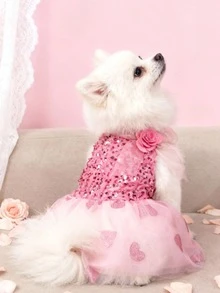 LUCKIE LABO 1pc Bling Bling Sequin Heart & Rose Floral Pattern Pet Dress, Comfortable & Breathable, Suitable For Small Dogs & Cats, Wedding, Valentine's Day, Birthday Party - Pink - View 3