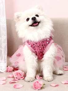 LUCKIE LABO 1pc Bling Bling Sequin Heart & Rose Floral Pattern Pet Dress, Comfortable & Breathable, Suitable For Small Dogs & Cats, Wedding, Valentine's Day, Birthday Party - Pink - View 4