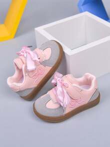 1双时尚舒适的针织蝴蝶结装饰低帮儿童运动鞋，适合幼儿户外学步鞋 - 粉色 - 查看 5
