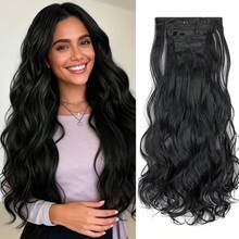 22英寸夹式接发，6片装，长款波浪卷黑色合成接发，自然柔软隐形夹式加厚假发片，适合女性日常佩戴。 - 彩色 - 查看 15