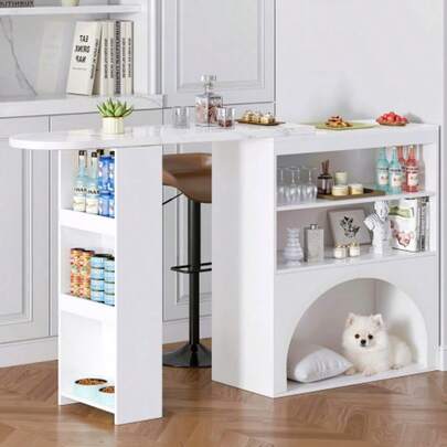 Modern Retractable Counter And Dining Table, Small High Swivel Counter Table – With Pet Space, Without Pet Plate And Mat, White Marble Top, 120 (+ 80) * 40 * 100 Cm