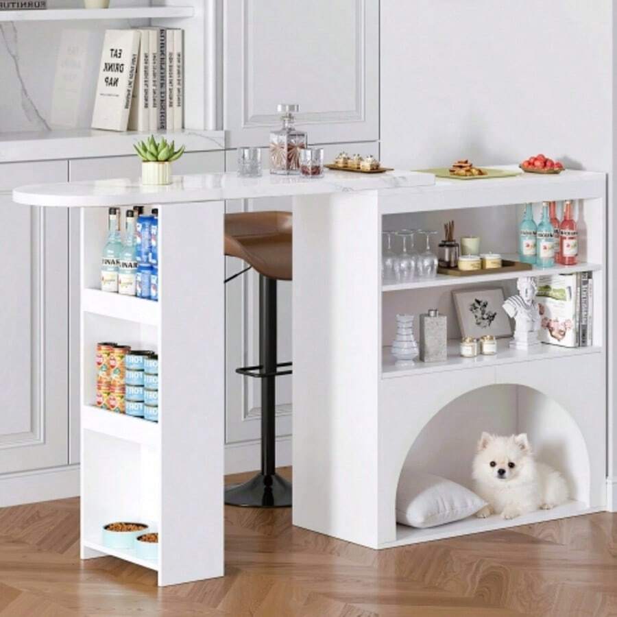 Modern Retractable Counter And Dining Table, Small High Swivel Counter Table – With Pet Space, Without Pet Plate And Mat, White Marble Top, 120 (+ 80) * 40 * 100 Cm - White - View 1