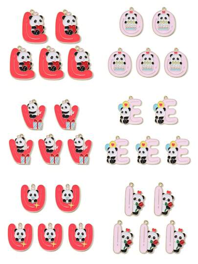 6 piezas Combinación aleatoria de colgantes de panda y letra de dibujos animados DIY para pendientes, collares y accesorios, encantos de joyería versátiles al por mayor, regalo del Día de San Valentín