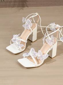 女士方头粗跟凉鞋，时尚性感白色系带优雅舒适高跟鞋，蝴蝶装饰环绕式高跟鞋，适合夏季派对和晚宴 - 白色 - 查看 6