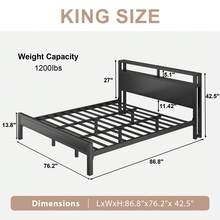 Bed Frame With LED Light, Industrial Platform Bed With Charging Station, 2-Tier Storage Headboard, No Box Spring Needed, Noise-Free, Strong Support Legs - 黑色 - 查看 9