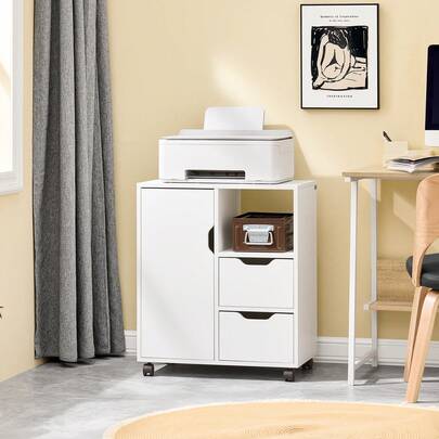 SoBuy FBT105-W, Home Office File Cabinet Printer Stand, Storage Cabinet On Wheels, Side Table End Table