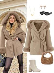 معطف نسائي أنيق جديد للخريف/الشتاء بأكمام من فرو اصطناعي وربطة خصر، معطف صوفي أنيق بحزام للخريف/الشتاء، معطف نسائي دافئ من صوف اصطناعي، ياقة فرو كبيرة الحجم مع كابوشون، أكمام طويلة بياقة منسدلة، تصميم ربطة الخصر، أساور من فرو اصطناعي، طراز أنيق مناسب للخريف/الشتاء - كاكي - مشاهدة 1