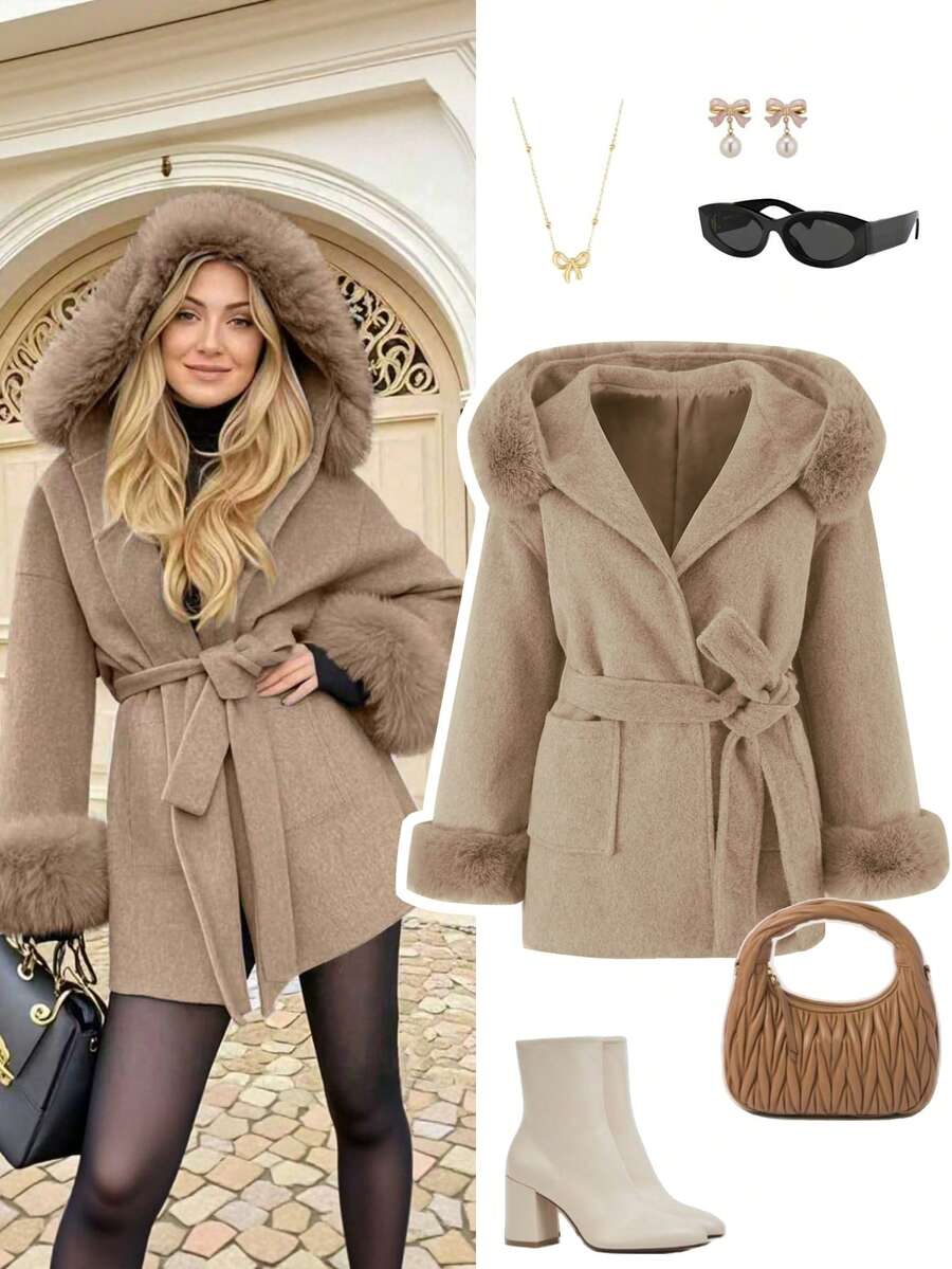 معطف نسائي أنيق جديد للخريف/الشتاء بأكمام من فرو اصطناعي وربطة خصر، معطف صوفي أنيق بحزام للخريف/الشتاء، معطف نسائي دافئ من صوف اصطناعي، ياقة فرو كبيرة الحجم مع كابوشون، أكمام طويلة بياقة منسدلة، تصميم ربطة الخصر، أساور من فرو اصطناعي، طراز أنيق مناسب للخريف/الشتاء - كاكي - مشاهدة 1