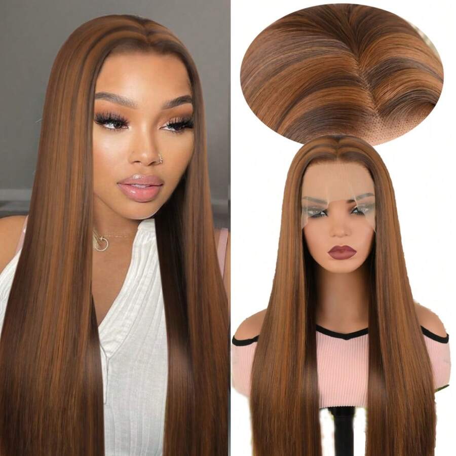 13x4 Transparent Lace Front Wig, For Women, No Glue Needed, 180% Density, Brown Mixed Honey Blonde, Pre-Plucked Baby Hair, Heat Resistant, Suitable For Daily, Party, Cosplay, 26 Inches