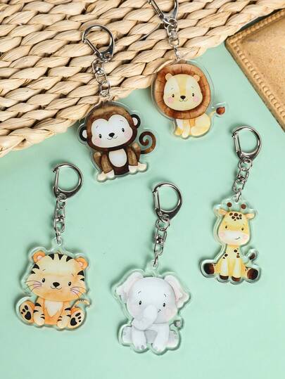 Set de 5 llaveros de dibujos animados con animales, llaveros de acrílico con patrones de elefante, león, mono, tigre y jirafa, lindos colgantes de animales, suministros para fiesta de animales de la selva, fiesta de cumpleaños con tema de la selva, decoración para baby shower