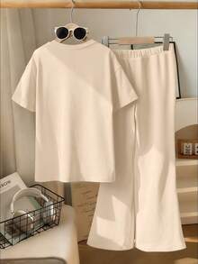 两件套女童碎花短袖上衣和喇叭裤舒适休闲夏季套装 - 杏色 - 查看 3