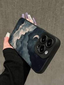 1pc Minimalist Artistic Ins Style Romantic Starry Sky Cloud Moon Pattern Black Cat Eye Full Coverage Soft Phone Case Compatible With IPhone 11/12/13/14/15/16/17 Pro Max - Multicolor - View 3