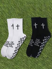 1/2/3 Pairs Cross & Football Pattern Sports Socks, Yoga Socks, Basketball Socks, Cycling Socks, Dot Grip Socks, Trending Unisex Athletic Socks, All Season - Multicolor - View 9