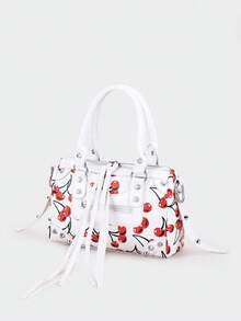 1个复古PU摩托车包，樱花印花，铆钉装饰，金属流苏，可调节肩带，拉链封口，Y2K朋克风格方形手提包，适合日常使用、购物，可装手机、卡包 - 白色 - 查看 3