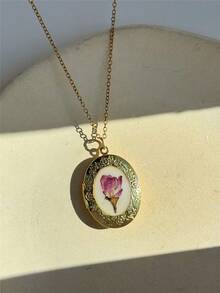 1件复古树脂干花吊坠项链，不对称几何椭圆心形吊坠项链，照片吊坠项链，永生花项链，时尚优雅女士饰品，DIY收纳 - 彩色 - 查看 20