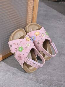 "Girls' Floral-Embroidered Cross-Strap Sandals – Adjustable Ankle Strap, Soft Padded Footbed, Non-Slip Sole, Cute Summer Kids Footwear" - Pink - View 3