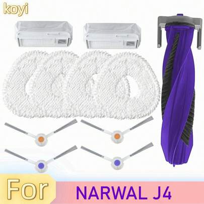Suitable For Narwal J4 Complete/J4 Master/J4 Lite Robot Vacuum Accessory Kit - Main Brush+Side Brushes+HEPA Filters+Mop Pads High-Efficiency Cleaning Replacement Parts