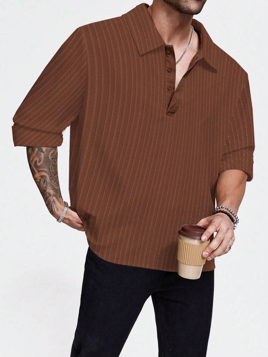 1pc Men's Casual Collared Long Sleeve Striped Button-Up Shirt, Elegant For Commute, Business, Holiday, Party - Coffee Brown - View 1