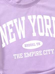 Young Girl Letter Print Round Neck Short Sleeve Casual T-Shirt - Mauve Purple - View 4