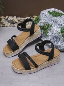 1 Pair Teenage Girls' Black Thick Sole Sandals, Summer Comfortable Lightweight Children's Sandals With Woven Rope, Fashionable Girls' Summer Sandals Suitable For School And Daily Wear - Black - View 11