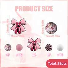 28颗3D蝴蝶结舞蹈鞋焦点珠棋盘格彩虹硅胶珠 - 15毫米粉色和白色圆形珠子 - 适用于DIY工艺品、珠宝、项链、手链和钥匙扣（粉色） - 粉色 - 查看 7