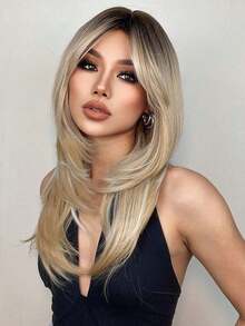 Barbique 22 Inch Ombre Blonde Long Straight Wig With Bangs Women - Heat-Resistant Synthetic |   Glueless Natural-Looking |   Easy Maintenance |   Beginner-Friendly |   Daily/Party/Music Festival - 金色 - 查看 5