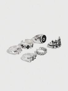 6件套欧美风格独立荆棘、心形、星形、十字戒指套装，简约五角星戒指，男女通用饰品 - 銀色 - 查看 4