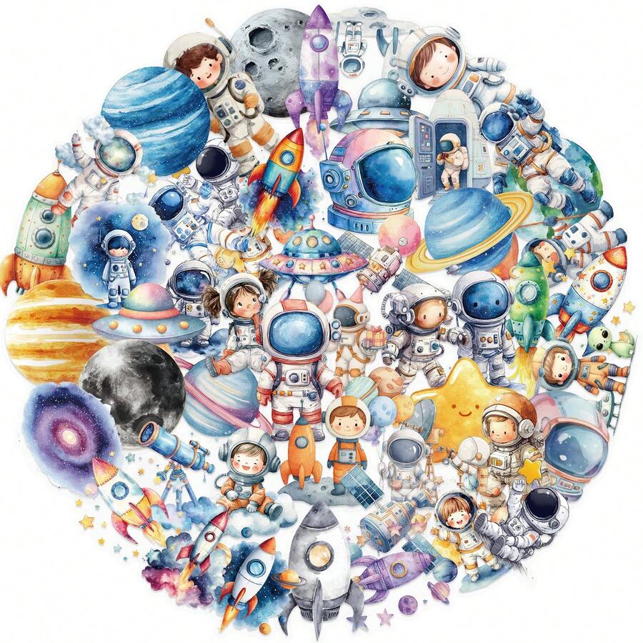 50张太空宇航员贴纸，创意涂鸦贴纸，办公用品，手机电脑贴纸，高性价比，防水，酷炫贴纸 - 彩色 - 查看 1