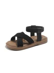 Girls' Elastic Band Slip-On Flat Sandals, Children Flat Shoes For Beach - Black - View 2