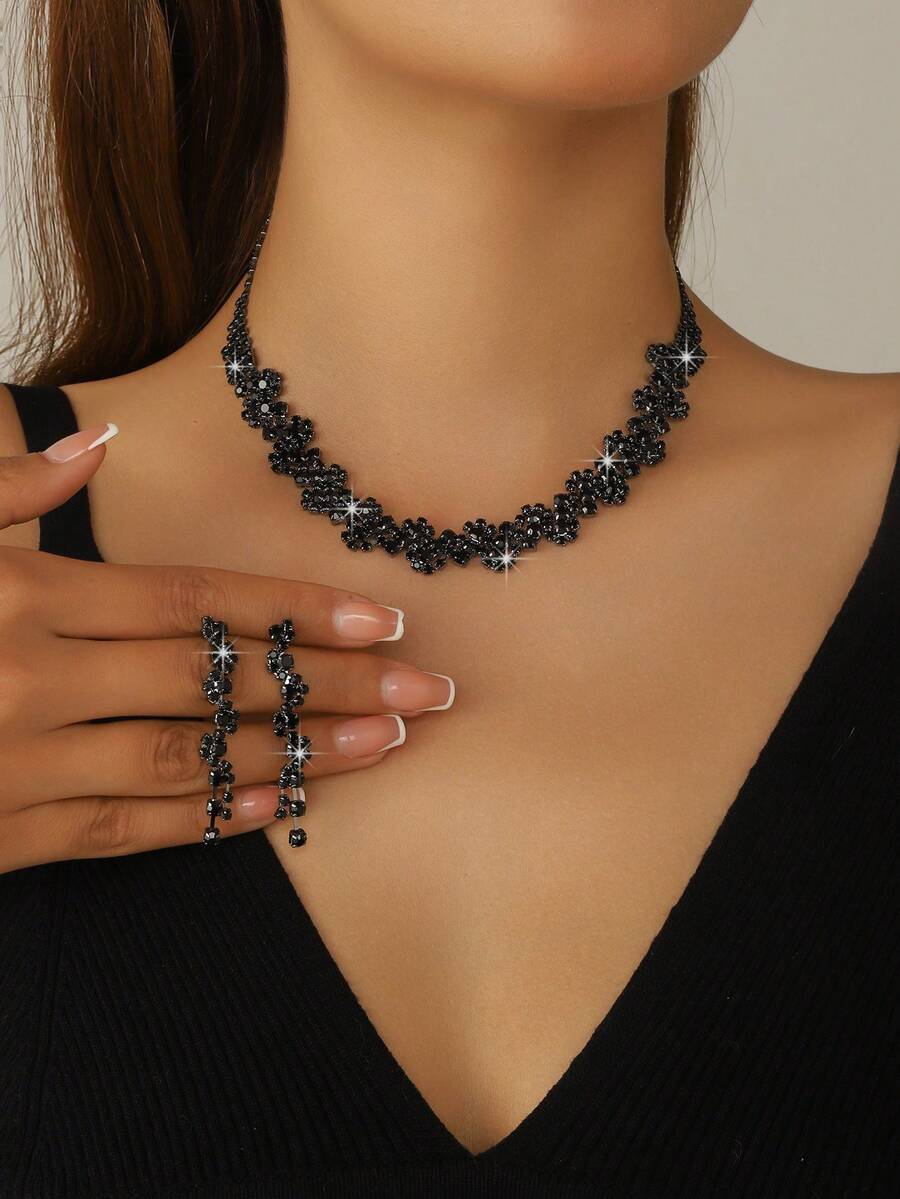 3pcs Women's Jewelry Set: Necklace, Earrings, Elegant And Sophisticated For Party, Bride, Wedding - Black - View 1