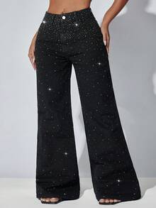 低腰阔腿休闲蓝色牛仔裤，斜插口袋，弧形裤脚，女款 - 黑色 - 查看 1